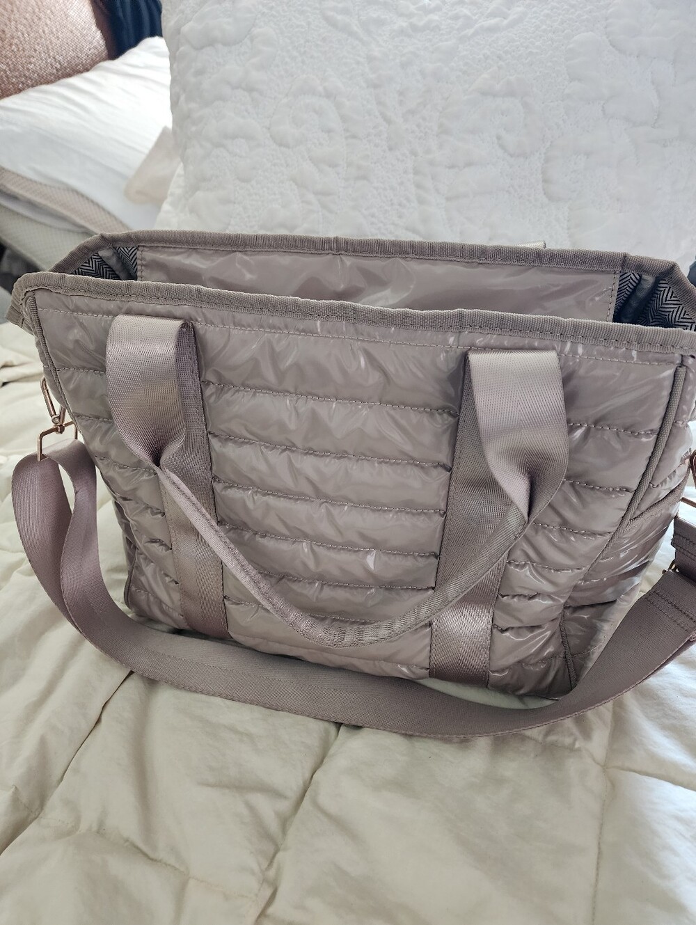 Ah Dorned Quilted PufferTote Bag in Taupe